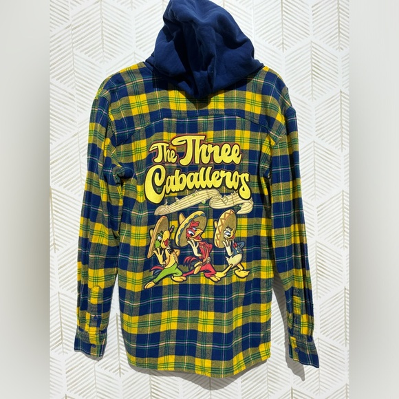 Disney XS The Three Caballeros Flannel Zip Up Hoodie Yellow Blue Donald Duck - Picture 1 of 8